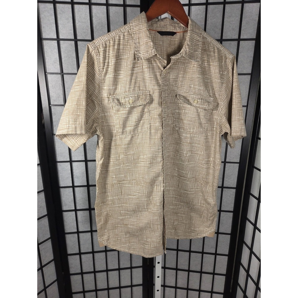 The North Face Shirt Mens Large SS Button Up Tan Crosshatch Grid Pocket Hiking